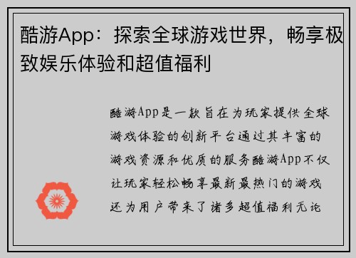 酷游App：探索全球游戏世界，畅享极致娱乐体验和超值福利